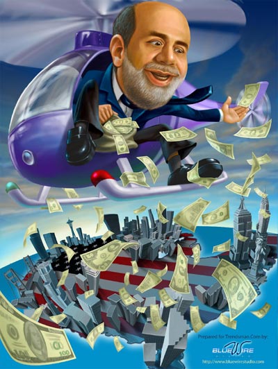 O presidente da Reserva Federal americana, Ben Bernanke, tornou-se popularmente conhecido como "Helicopter Ben" após um discurso em 2002<ref>Remarks by Governor Ben S. Bernanke, Federal Reserve Board, 21 Nov 2002</ref> no qual se assumiu um fervoroso seguidor da solução «dinheiro de helicóptero» de Friedman.